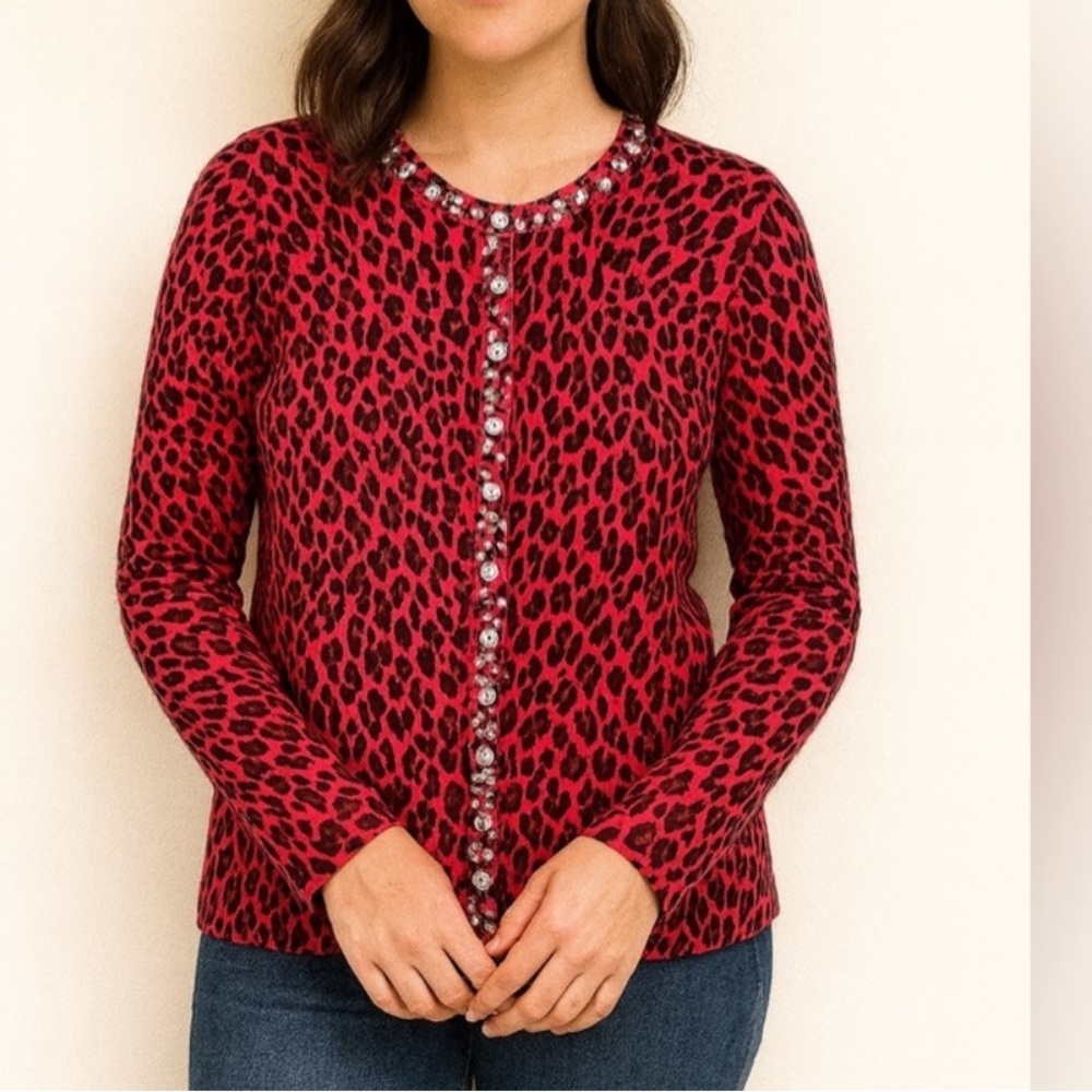 Quacker Factory‎ Red Leopard Print Cardigan XXS Jeweled Trim